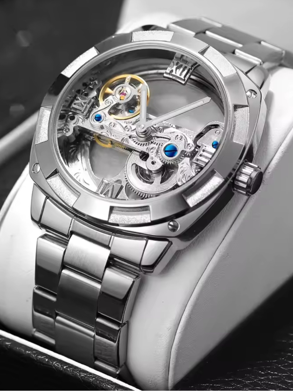 Men's Silver Skeleton Mechanical Watch